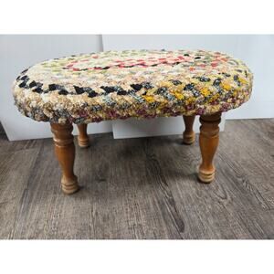 Vintage French Country Multi-Colored Braided Footstool Wooden Legs